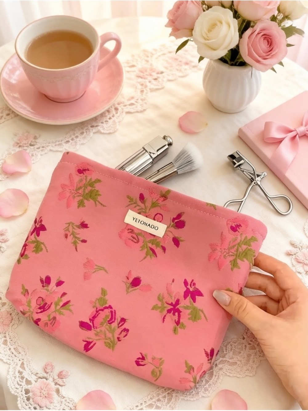 YEIONAOO Pink Floral Cosmetic Bag